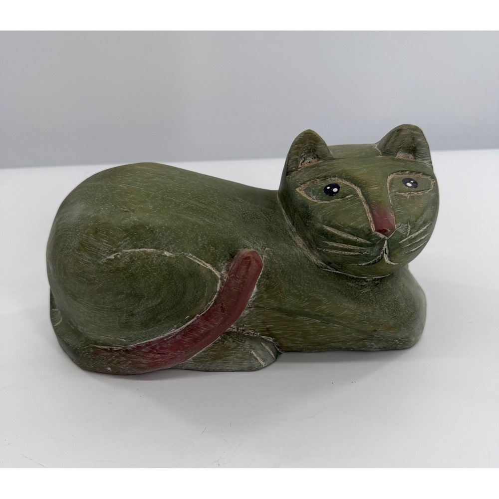 Wooden Cat Figurine‎ Green Hand Carved Folk Art Sculpture Home Decor Kitten